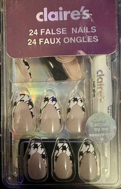 Claire’s Black White Check Coffin Fake False Nails Press On Glue Gloss Pointed