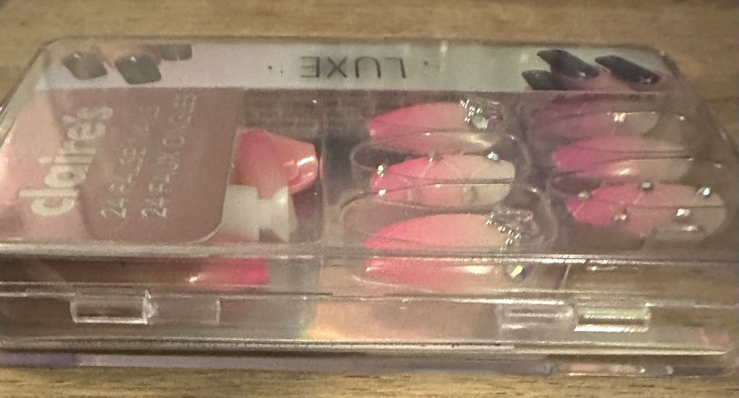 Claire’s Pink White Rhinestone Stiletto Fake False Nails Press On Glue Gloss
