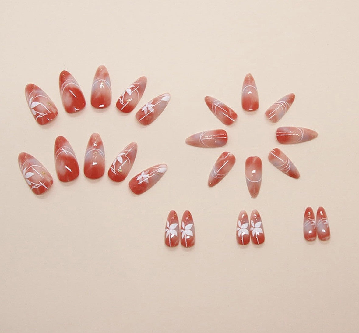 Pink & Orange Glitter Almond Fake False Nails Preston Glue Shiny Glossy Pointed