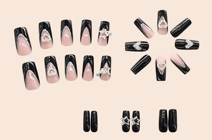 Black & Pink Glitter false nails Coffin Hearts  glossy shiny press on glue tabs
