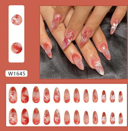 Pink & Orange Glitter Almond Fake False Nails Preston Glue Shiny Glossy Pointed