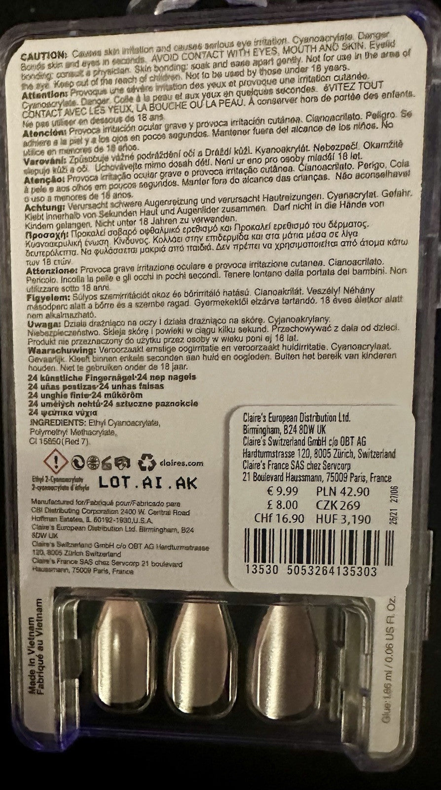 Claire’s Black White Check Coffin Fake False Nails Press On Glue Gloss Pointed