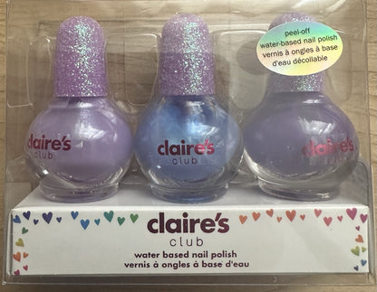 Claire’s Club Nail Polish Set 3 Light Blue Lilac Purple Peel Off