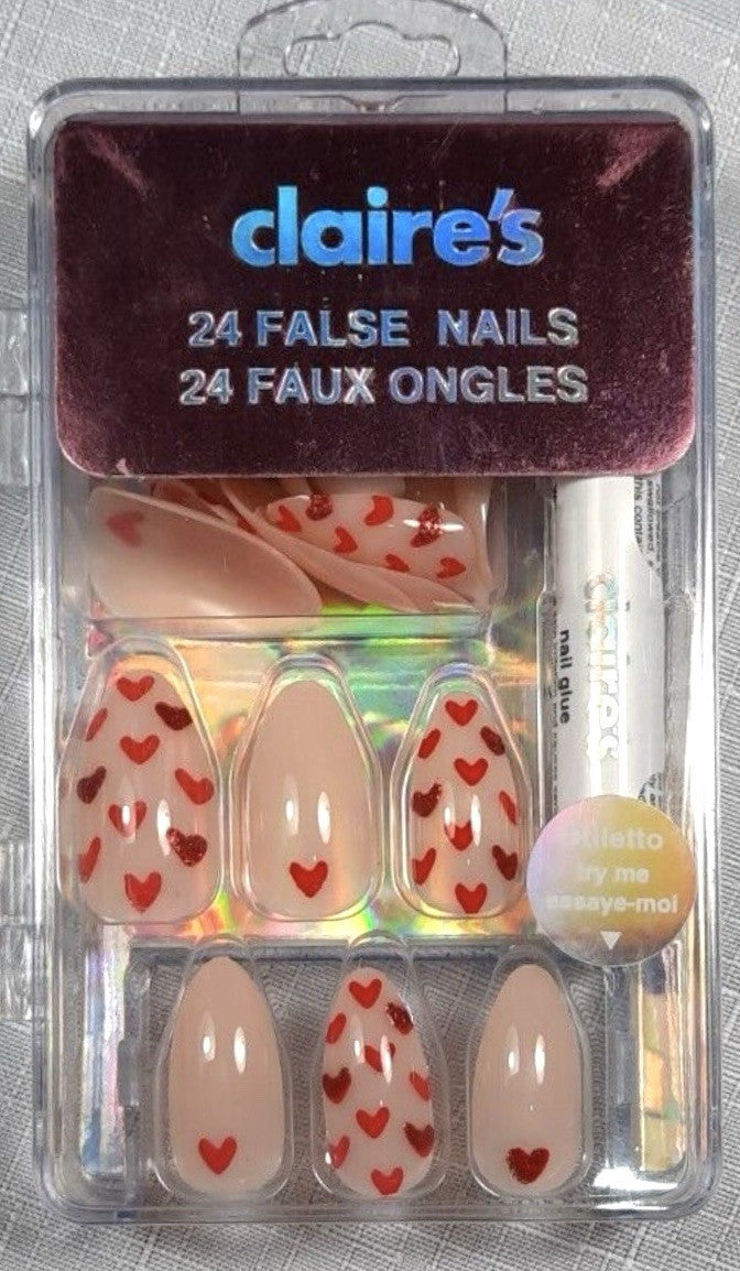 Claire’s Pink & Red Hearts Stiletto Fake False Nails Press On Glue Gloss Pointed