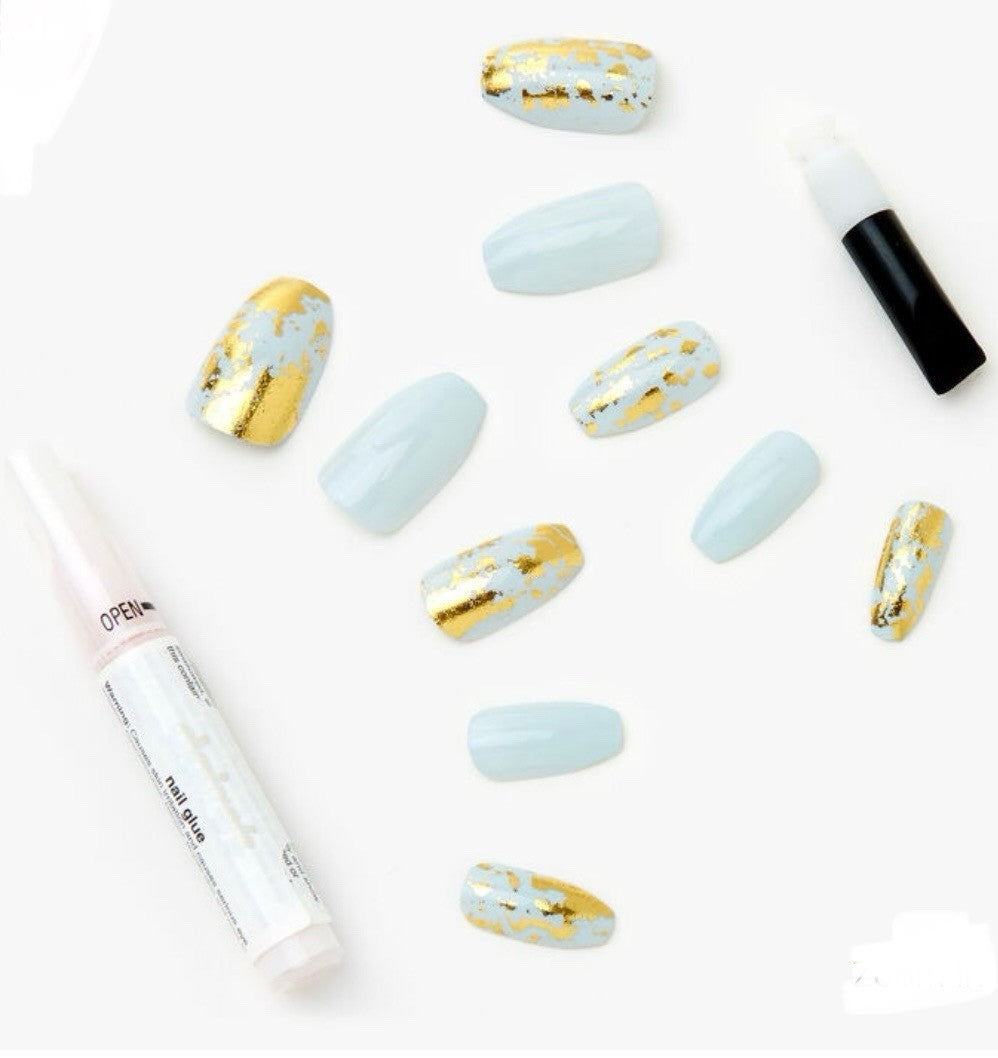 Claire’s Gold Foil White Coffin Fake False Nails Press On Glue Gloss Pointed