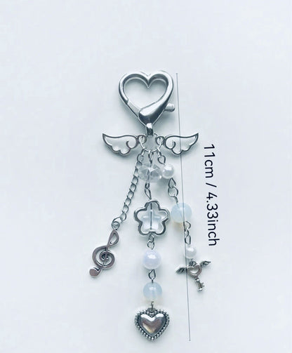 Music Keyring KeyChain Angel Heart Beaded Mobile Phone Bag Charm Mothers Day