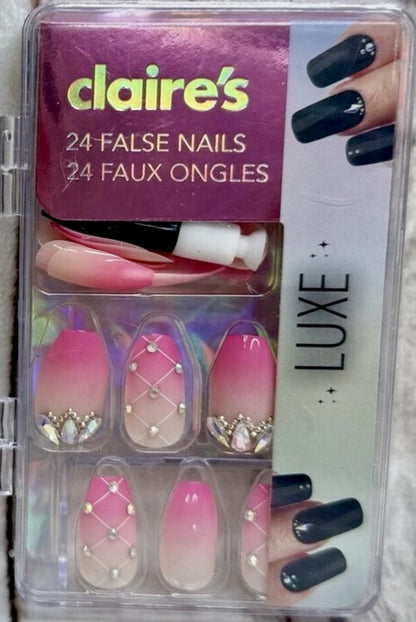 Claire’s Pink White Rhinestone Stiletto Fake False Nails Press On Glue Gloss