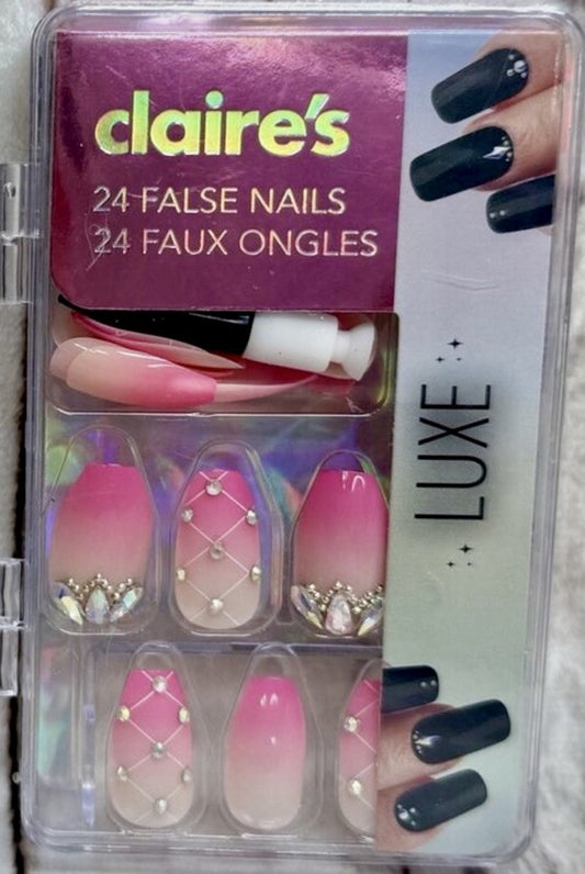 Claire’s Pink White Rhinestone Stiletto Fake False Nails Press On Glue Gloss