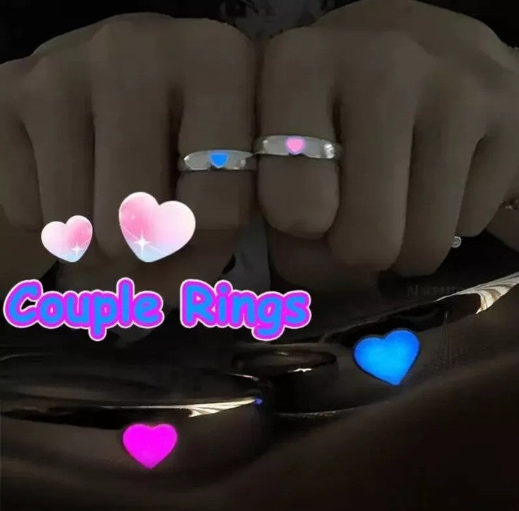 2 X Solar Heart Couple Rings Jewellery Matching Adjustable Glow in Dark Gift