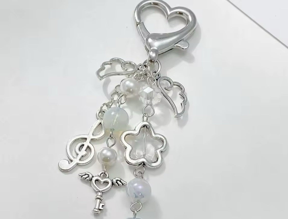 Music Keyring KeyChain Angel Heart Beaded Mobile Phone Bag Charm Mothers Day