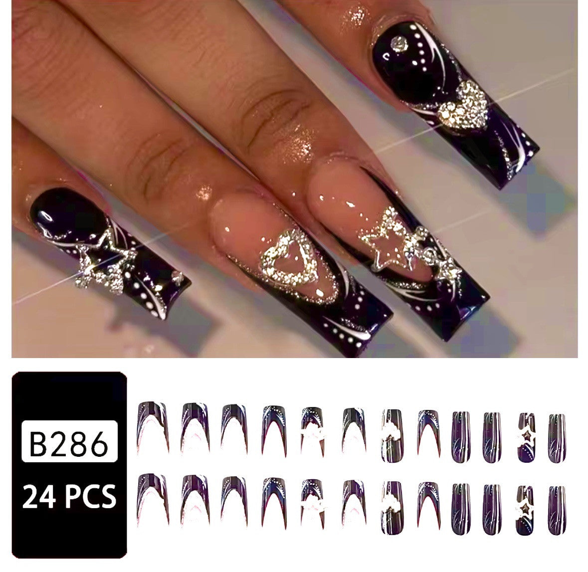 Black & Pink Glitter false nails Coffin Hearts  glossy shiny press on glue tabs