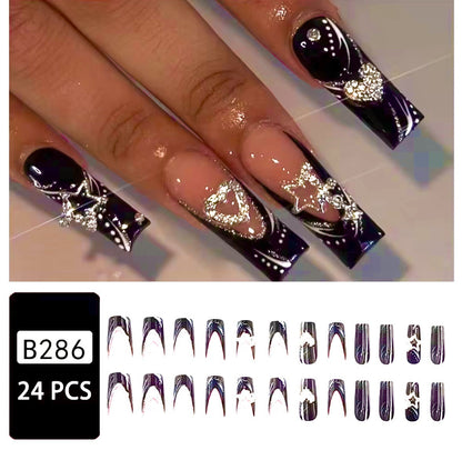 Black & Pink Glitter false nails Coffin Hearts  glossy shiny press on glue tabs