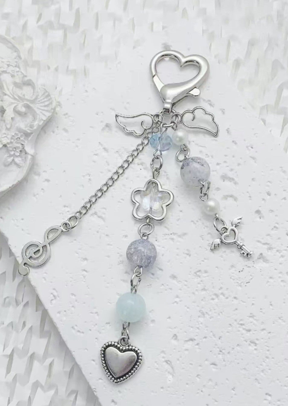 Music Keyring KeyChain Angel Heart Beaded Mobile Phone Bag Charm Mothers Day