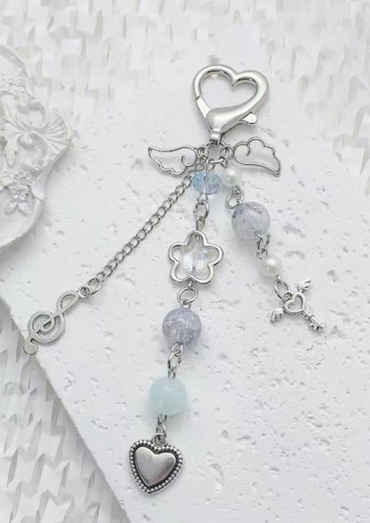 Music Keyring KeyChain Angel Heart Beaded Mobile Phone Bag Charm Mothers Day