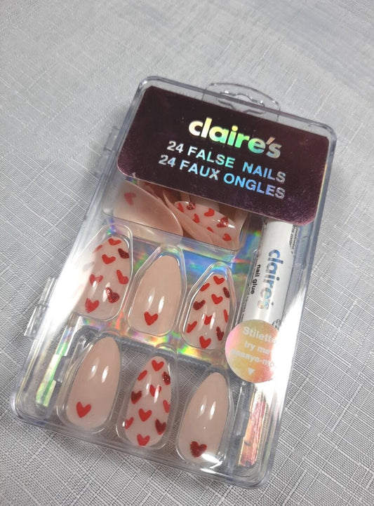 Claire’s Pink & Red Hearts Stiletto Fake False Nails Press On Glue Gloss Pointed