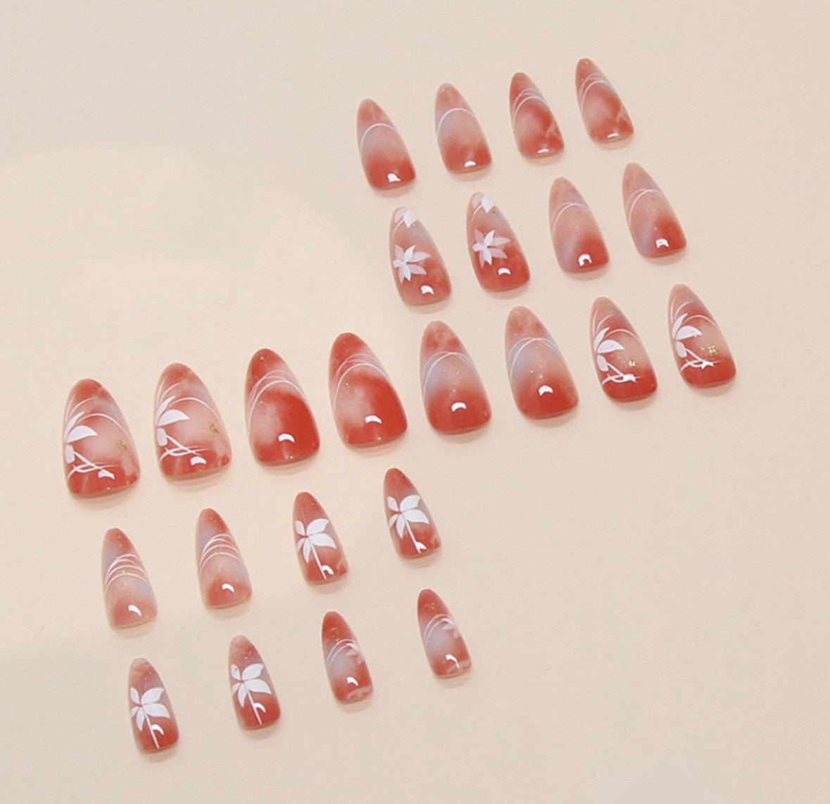 Pink & Orange Glitter Almond Fake False Nails Preston Glue Shiny Glossy Pointed