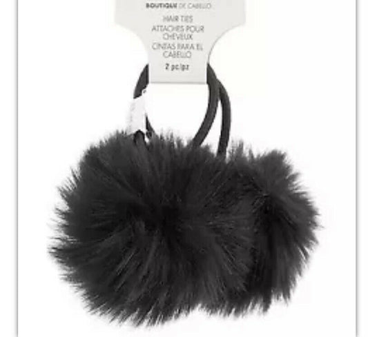 Cute Black Fluffy 2 Pompom furry Hair Bobbles Elastic Tie long hair band