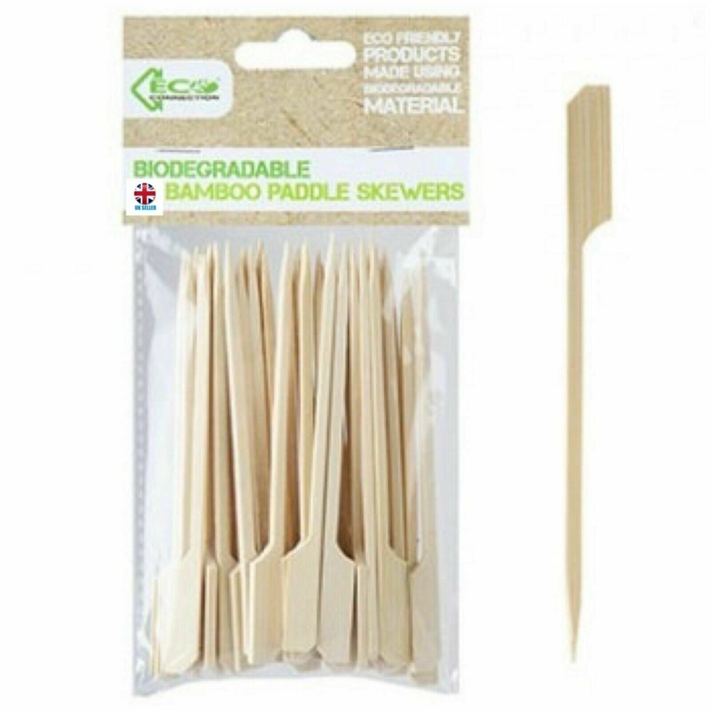 40 wood Paddle Skewers BBQ Grill buffet 12cm Meat Veg bamboo Disposable Eco