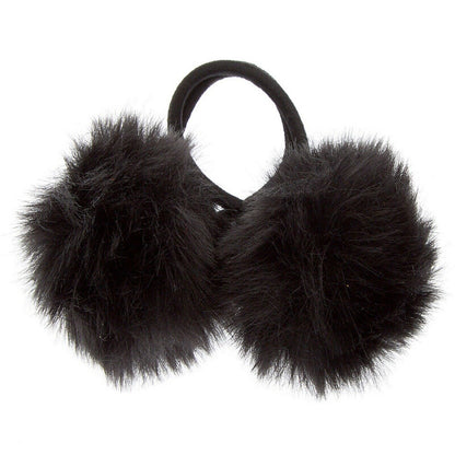 Cute Black Fluffy 2 Pompom furry Hair Bobbles Elastic Tie long hair band