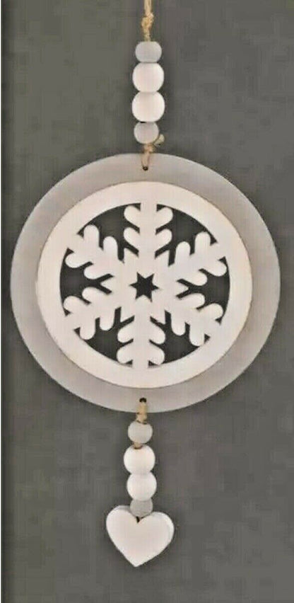 Angel Heart Wings Snowflake White & Silver Grey Nordic Wooden Hanging Decoration