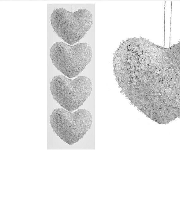 Valentine pk of 8 Silver Frosty Glitter Heart Hanging home Sparkle Decorations