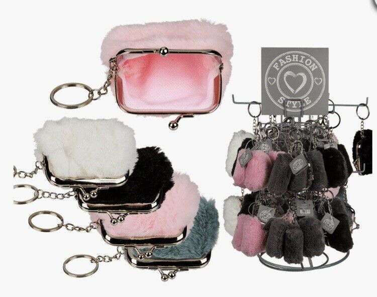 PURSE FURRY XMAS KEYCHAIN KEYRING COINS PINK GREY BLACK FLUFFY PLUSH NEW