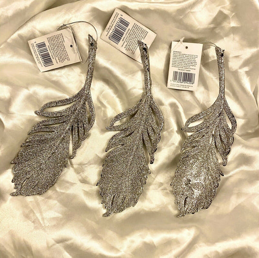 3 Silver Glitter Feather Baubles Christmas Tree Hanging Decoration large 21cm