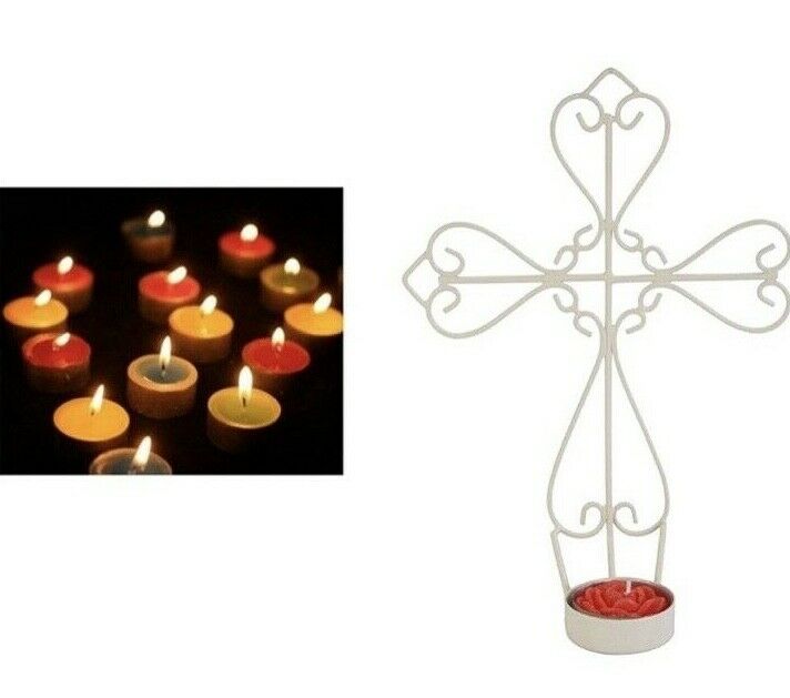 Christian Metal Cross Crucifix Wall Candle Holder Cream Tea Light Home Garden