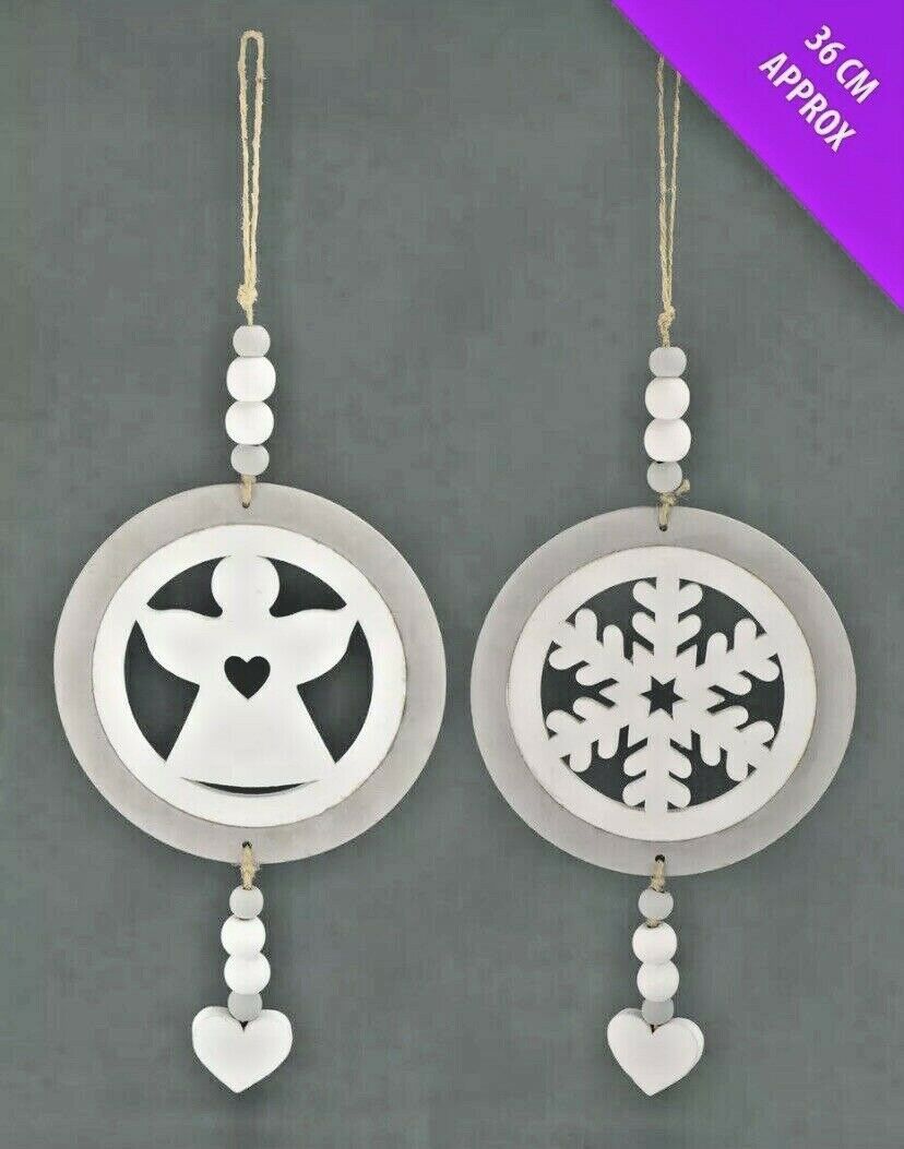 Angel Heart Wings Snowflake White & Silver Grey Nordic Wooden Hanging Decoration