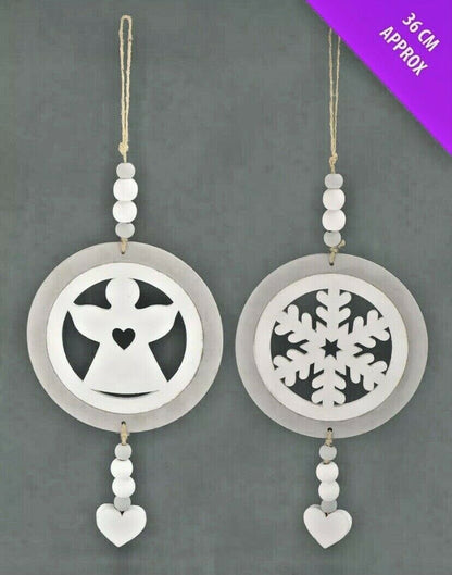 Angel Heart Wings Snowflake White & Silver Grey Nordic Wooden Hanging Decoration