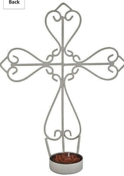 Christian Metal Cross Crucifix Wall Candle Holder Cream Tea Light Home Garden