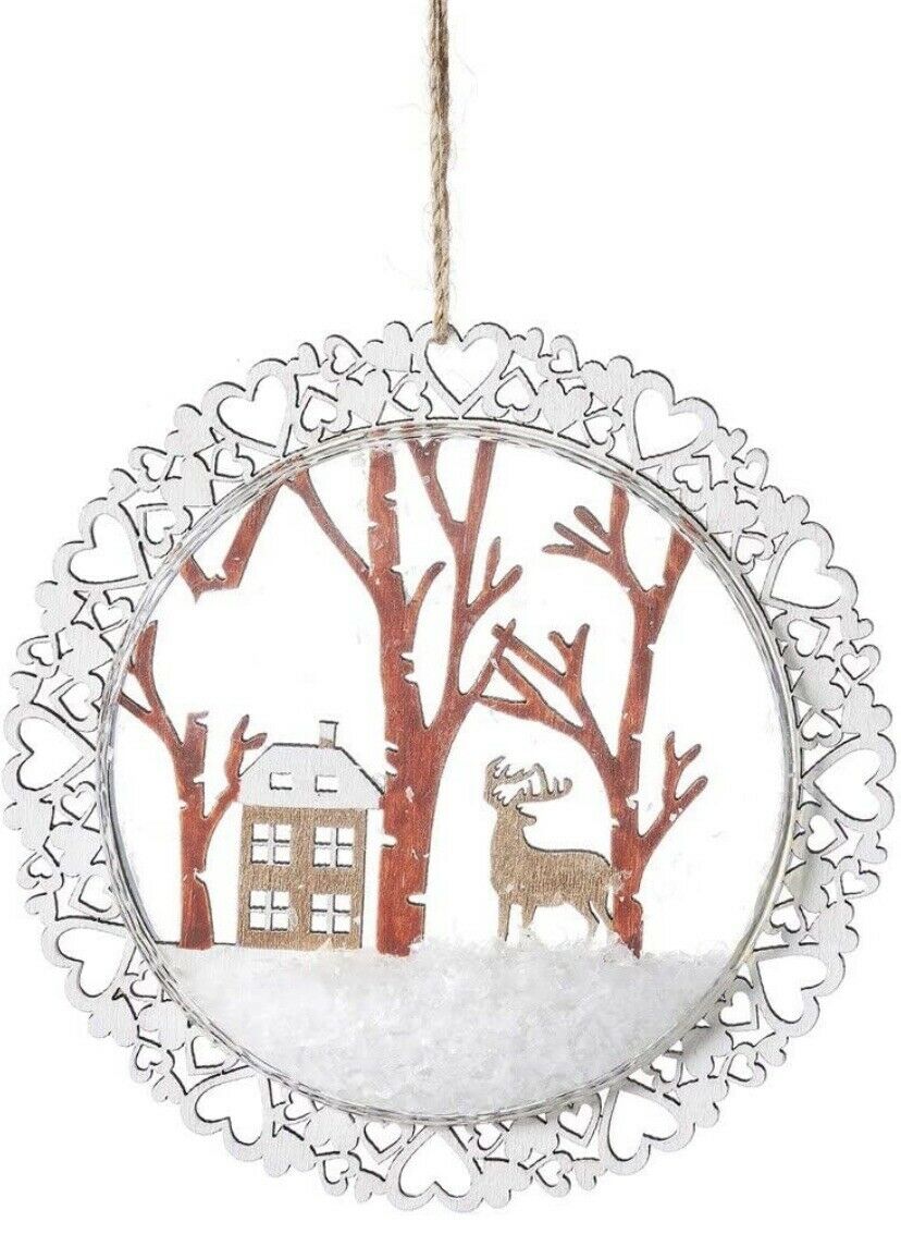 Christmas Snowy globe flat hanging Bauble Reindeer hearts xmas tree decorations