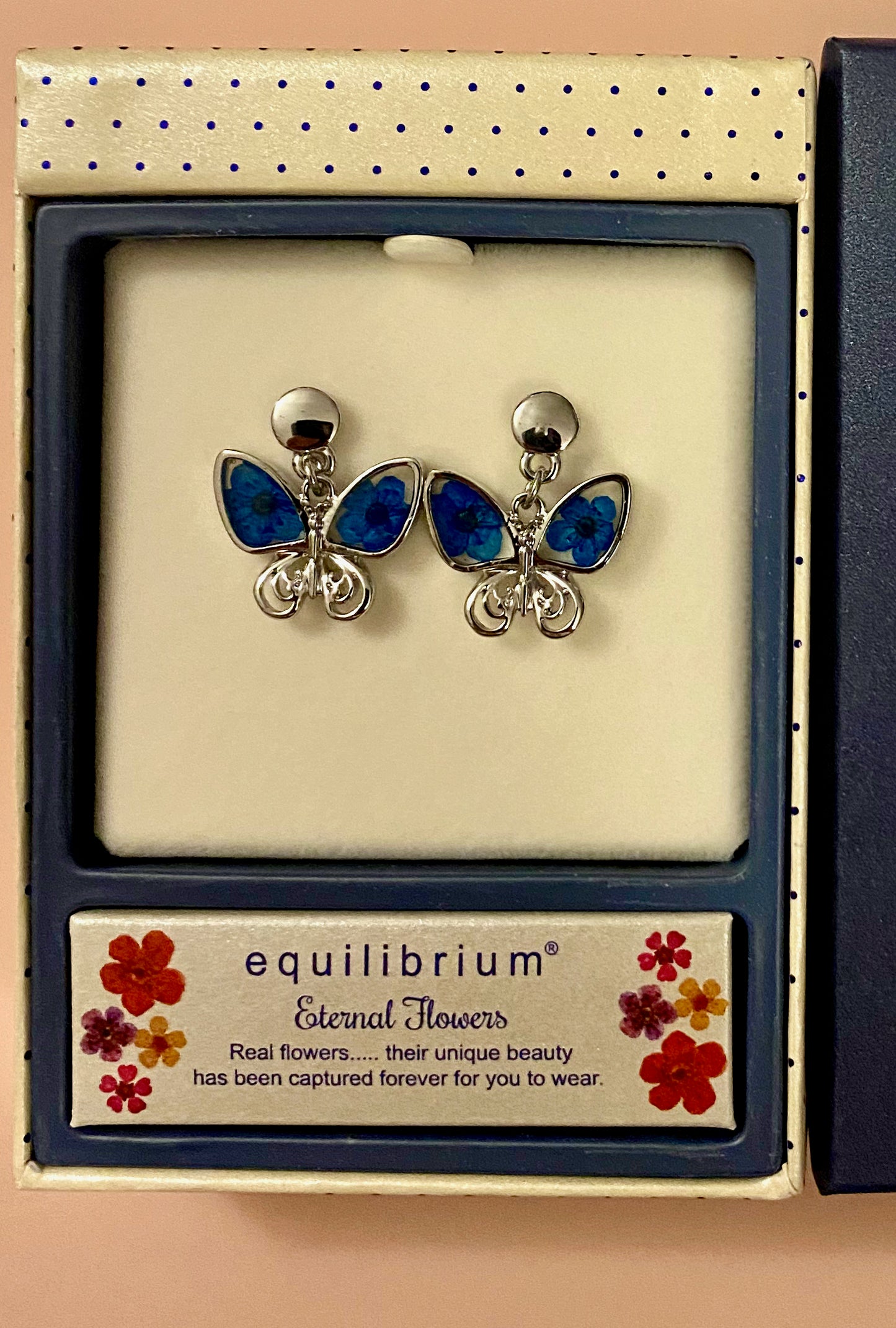 Equilibrium Aqua Blue Butterfly Eternal Flowers Earrings