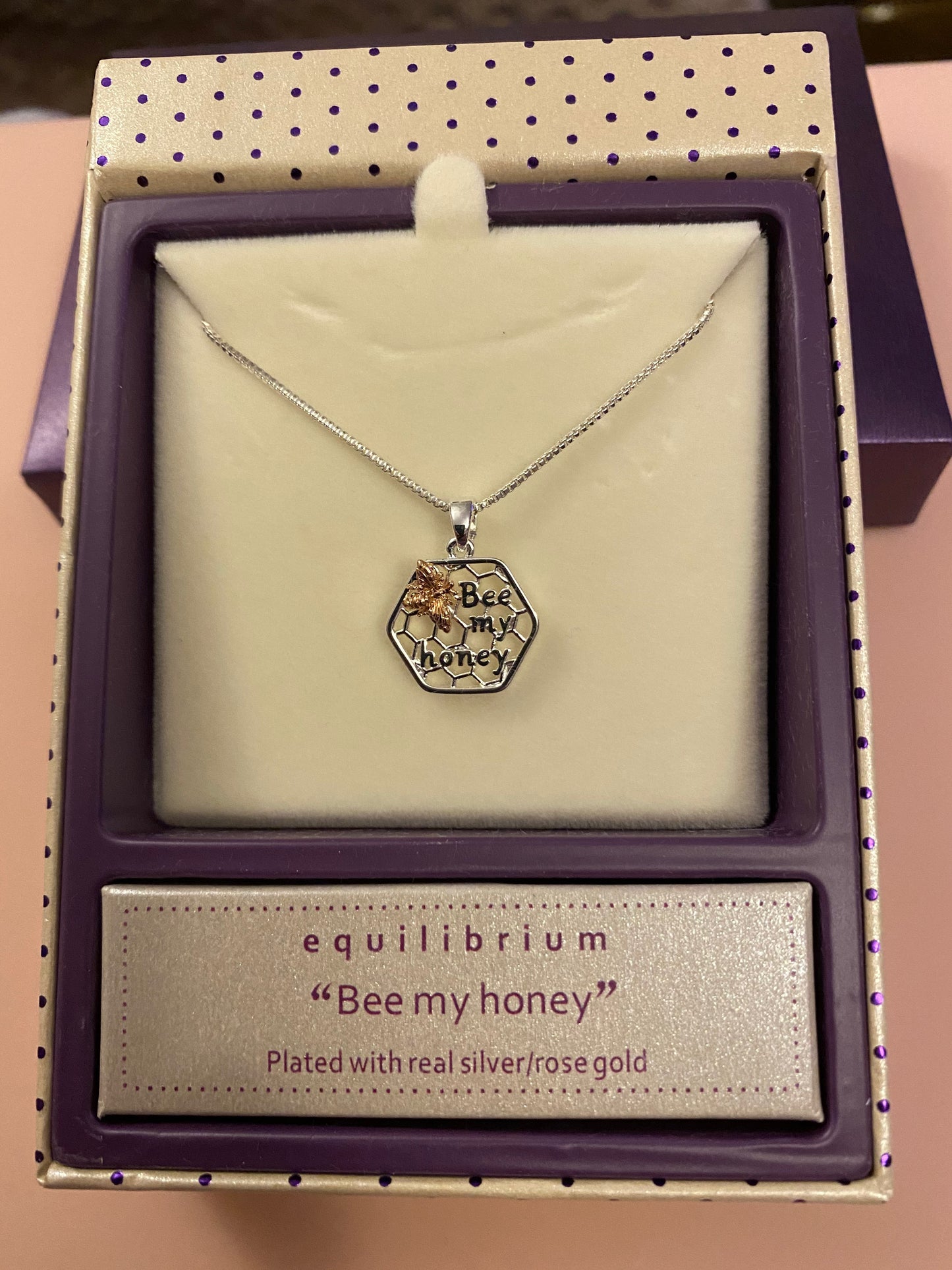 Equilibrium Bee My Honey comb Bumble Bee Silver & Rose Gold Necklace Gift Boxed