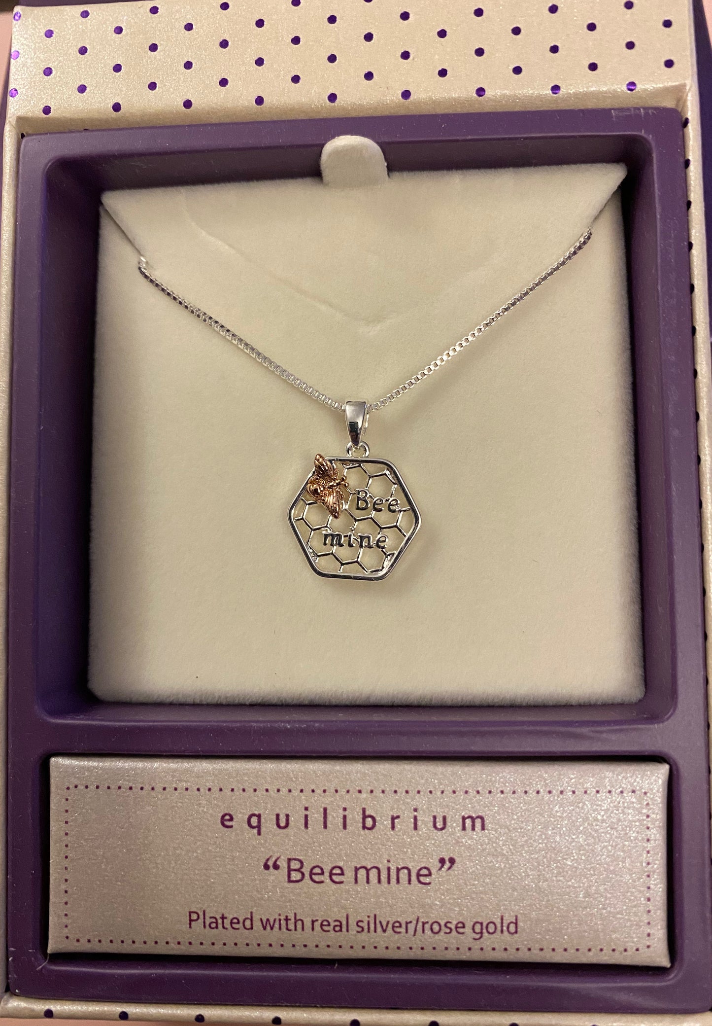 Equilibrium Bee My Honey comb Bumble Bee Silver Rose Gold Necklace Gift Boxed