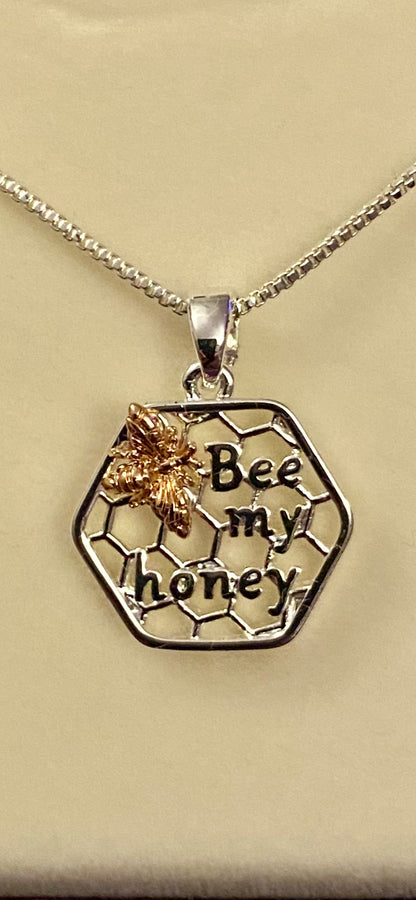 Equilibrium Bee My Honey comb Bumble Bee Silver & Rose Gold Necklace Gift Boxed